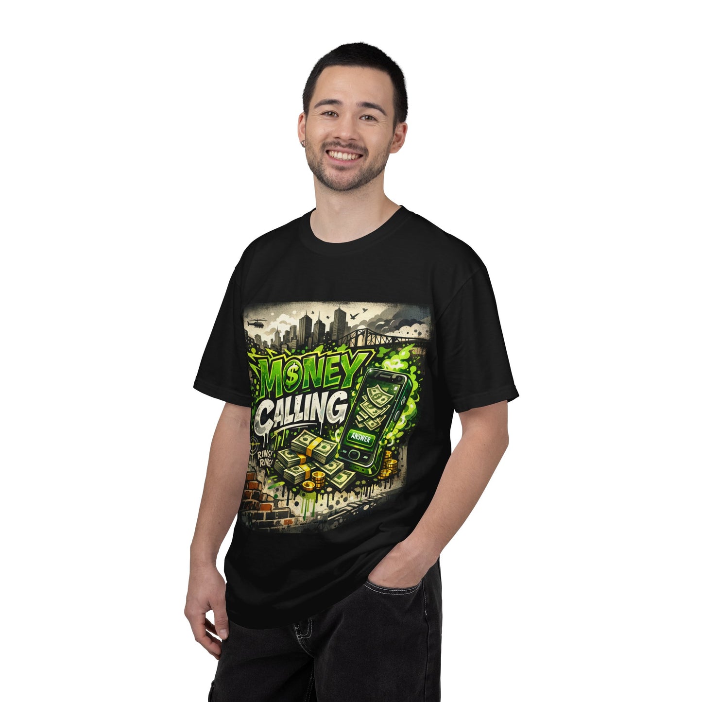 Money Calling T-Shirt — Graphic Streetwear Tee with Cash & Phone Design