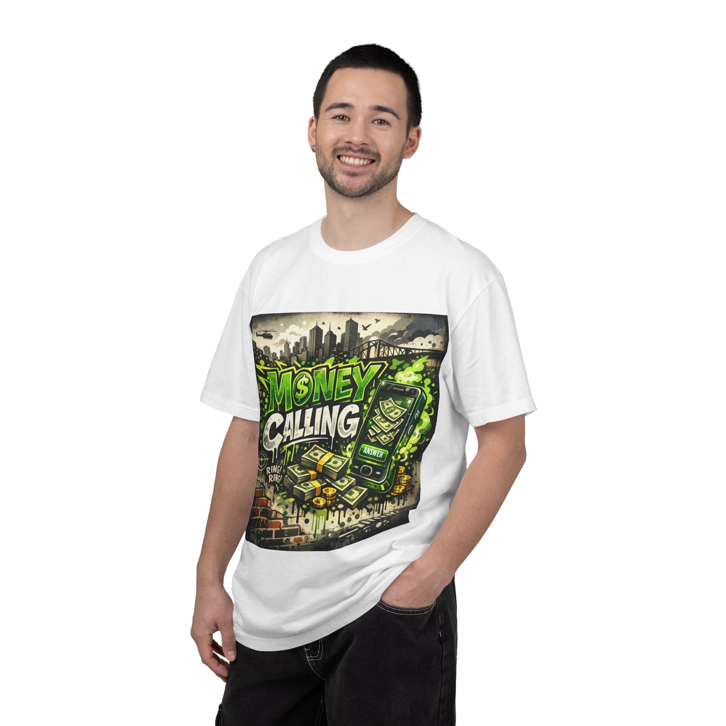 Money Calling T-Shirt — Graphic Streetwear Tee with Cash & Phone Design