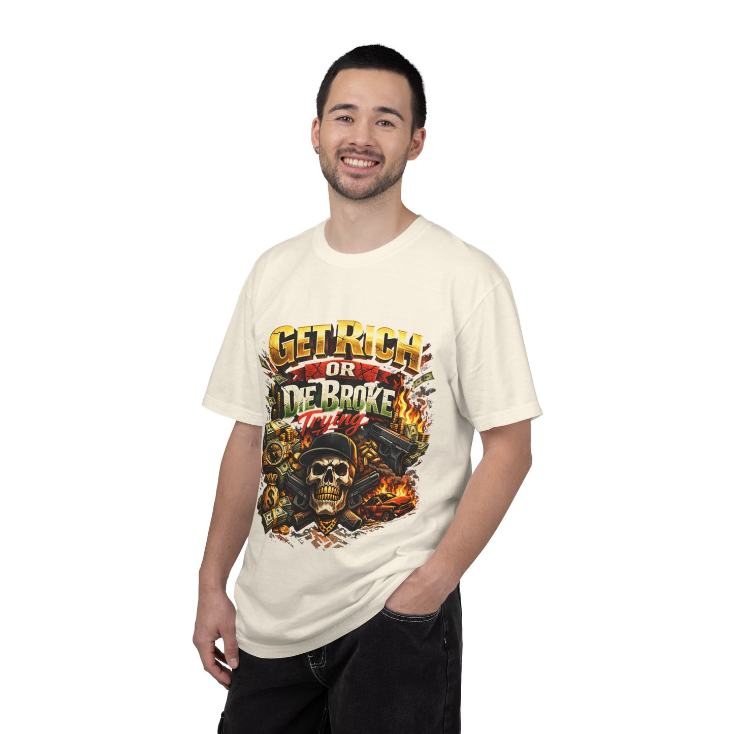 Get Rich or Die Broke Graphic T-Shirt — Skull, Money & Flames Streetwear