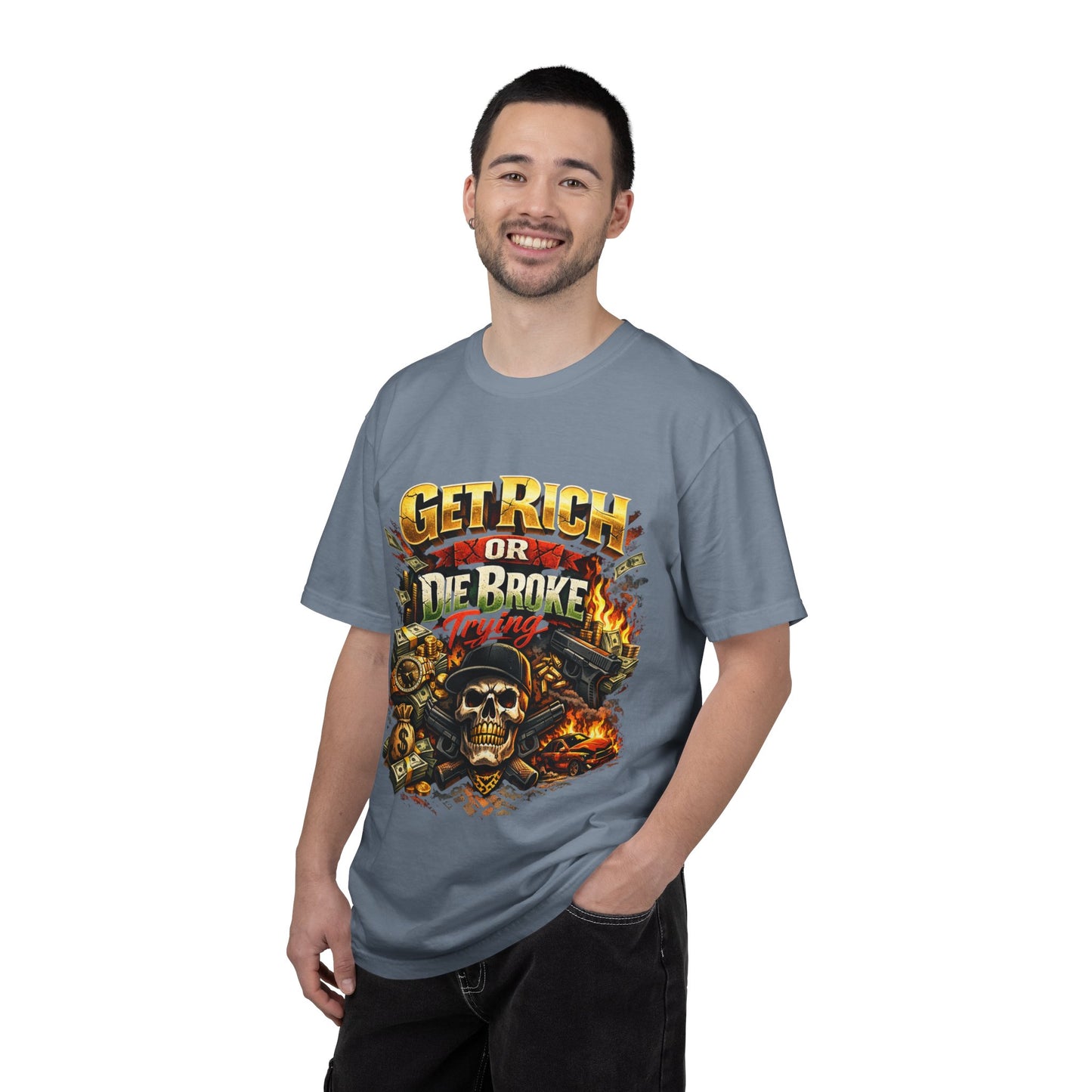 Get Rich or Die Broke Graphic T-Shirt — Skull, Money & Flames Streetwear
