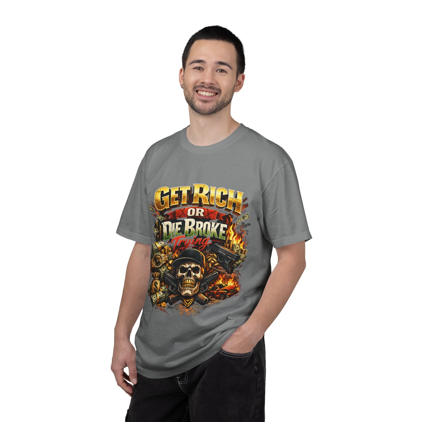 Get Rich or Die Broke Graphic T-Shirt — Skull, Money & Flames Streetwear
