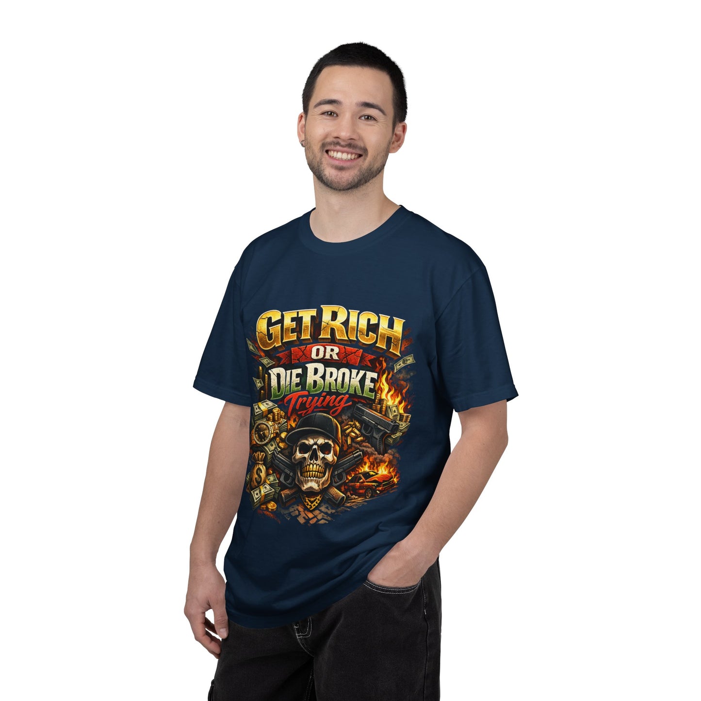 Get Rich or Die Broke Graphic T-Shirt — Skull, Money & Flames Streetwear