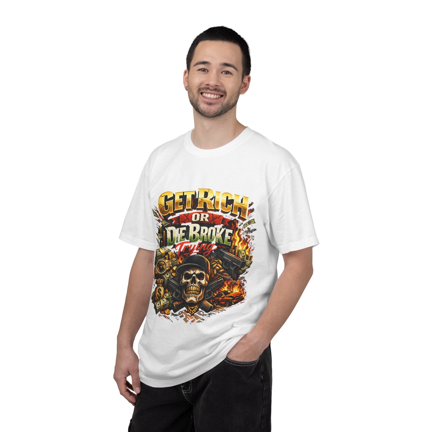 Get Rich or Die Broke Graphic T-Shirt — Skull, Money & Flames Streetwear
