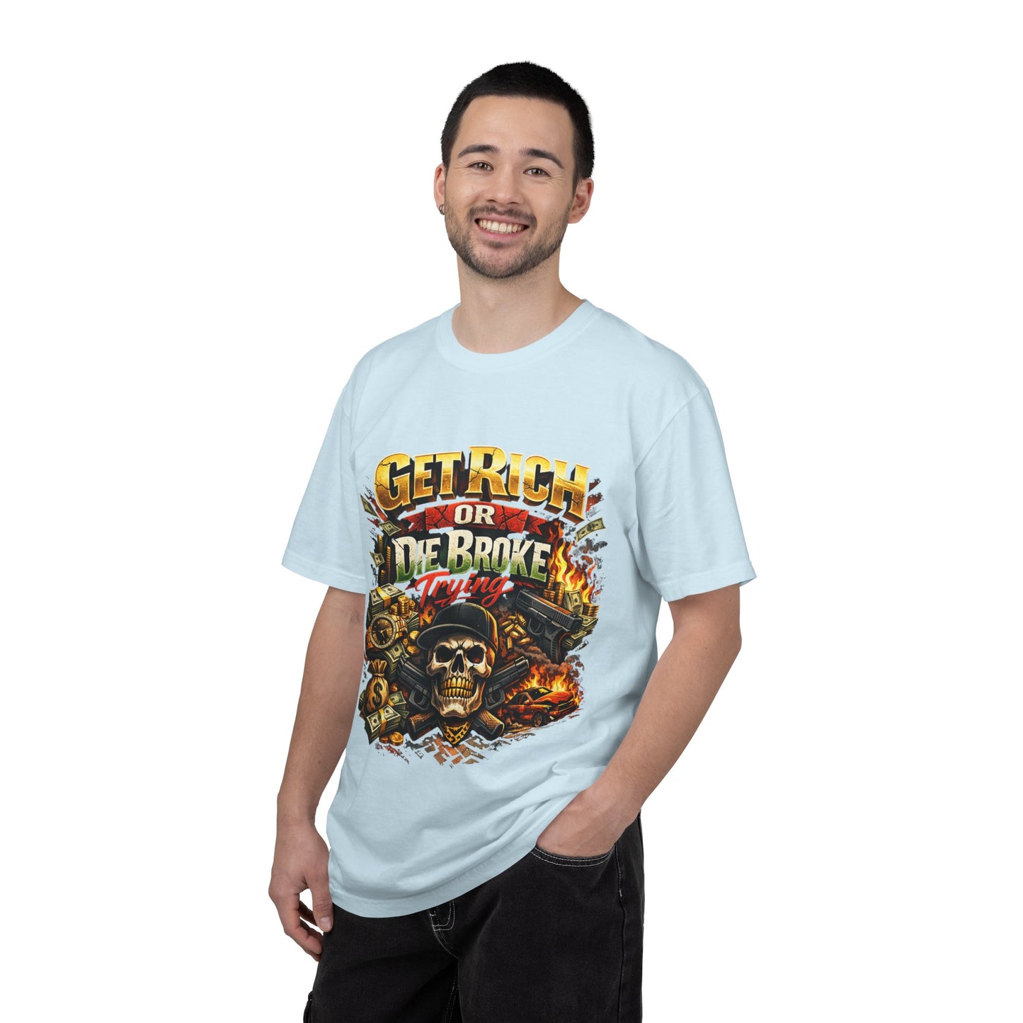 Get Rich or Die Broke Graphic T-Shirt — Skull, Money & Flames Streetwear