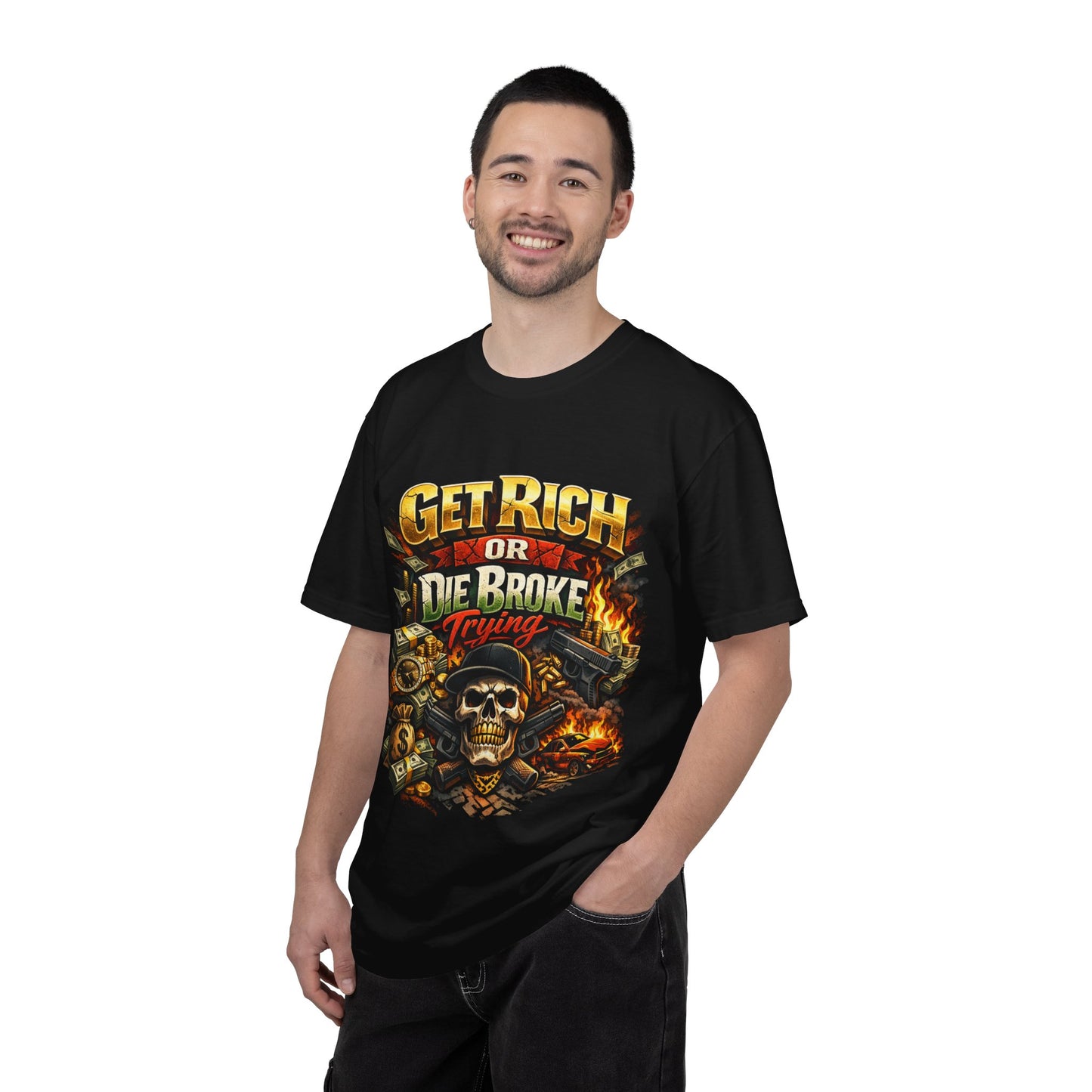 Get Rich or Die Broke Graphic T-Shirt — Skull, Money & Flames Streetwear