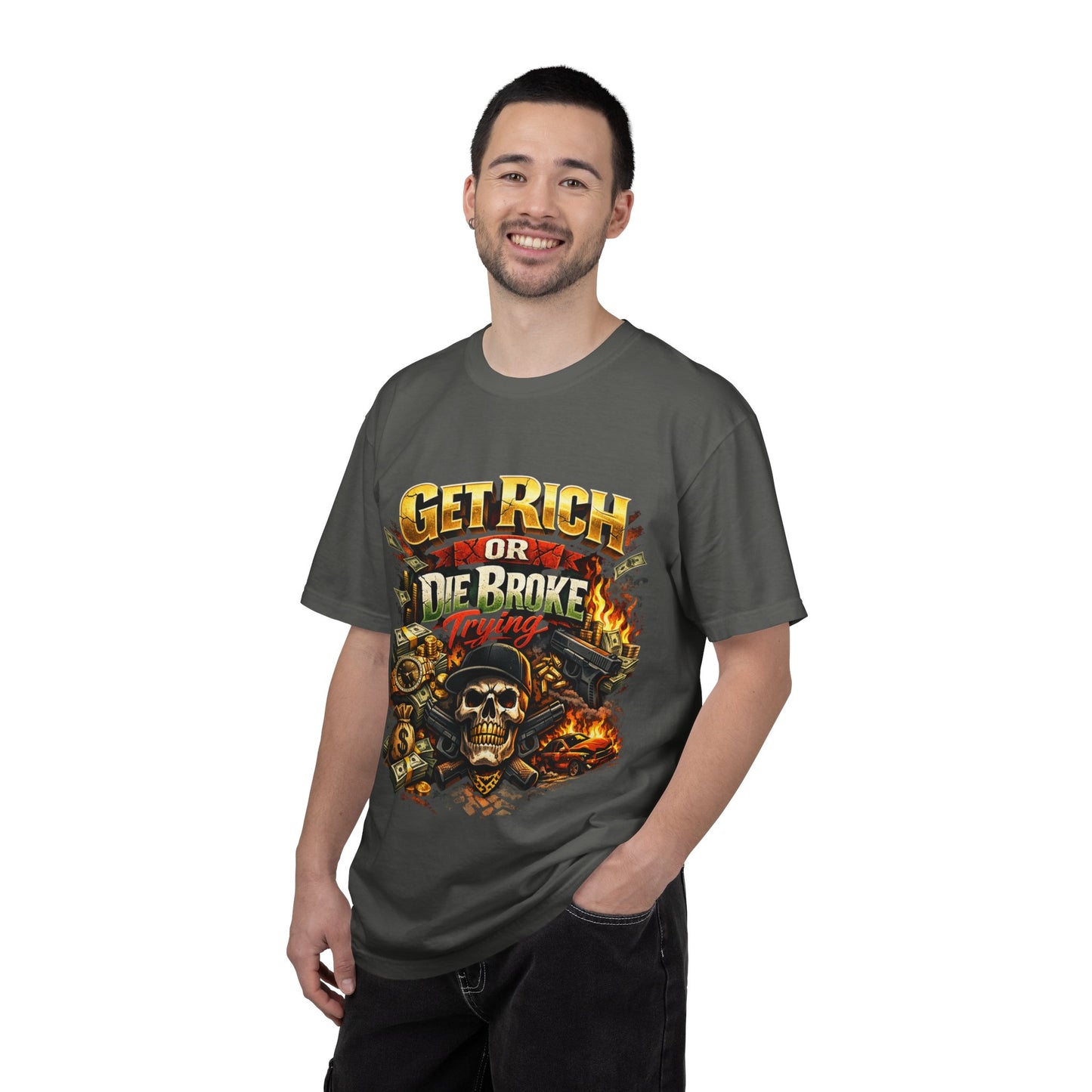 Get Rich or Die Broke Graphic T-Shirt — Skull, Money & Flames Streetwear