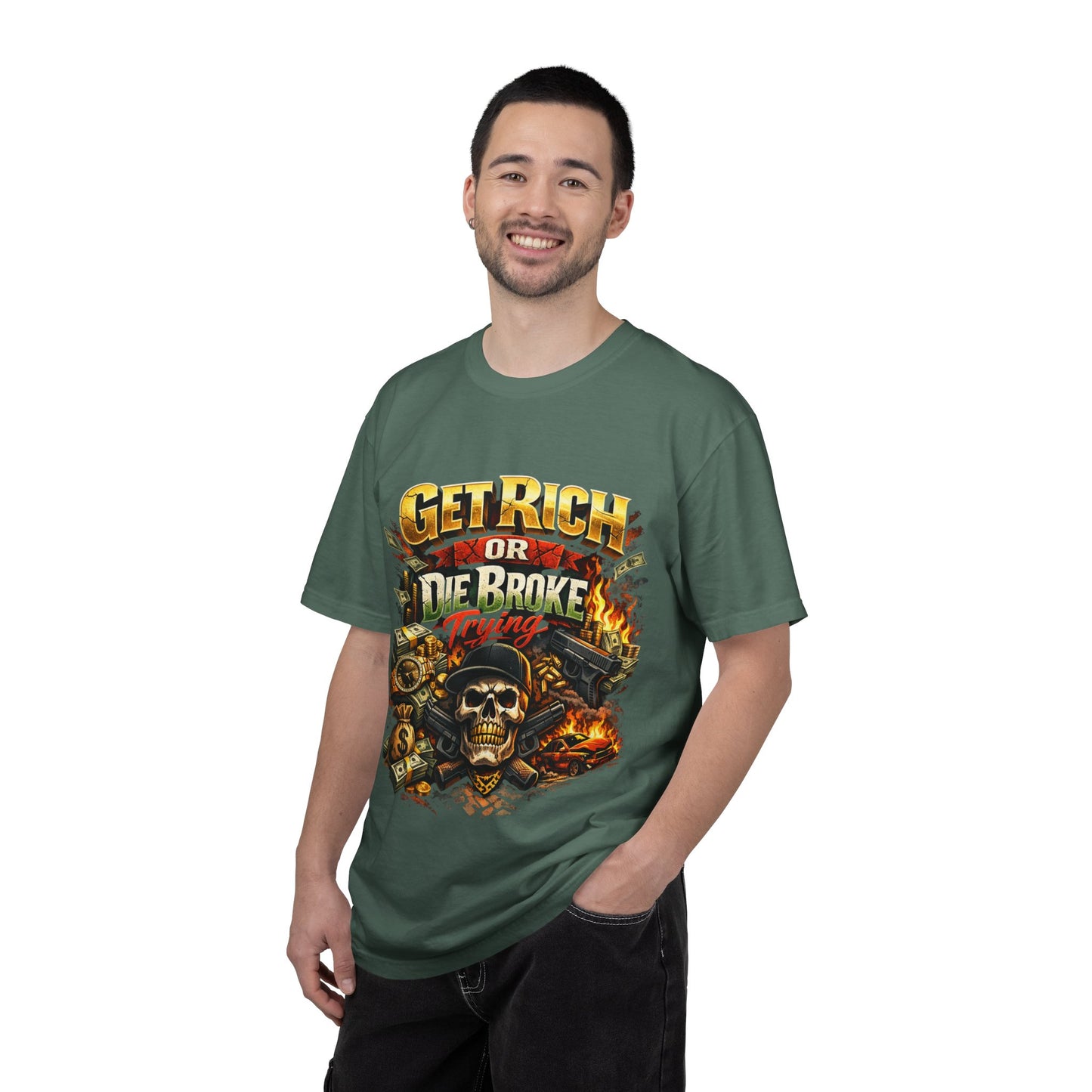 Get Rich or Die Broke Graphic T-Shirt — Skull, Money & Flames Streetwear