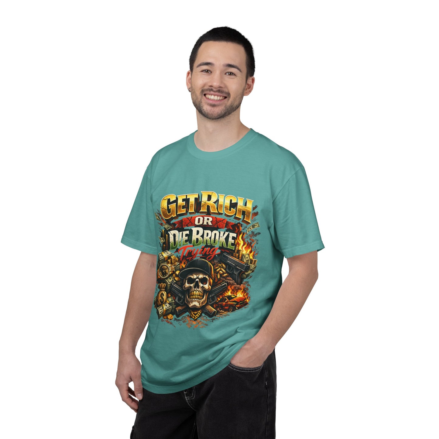 Get Rich or Die Broke Graphic T-Shirt — Skull, Money & Flames Streetwear