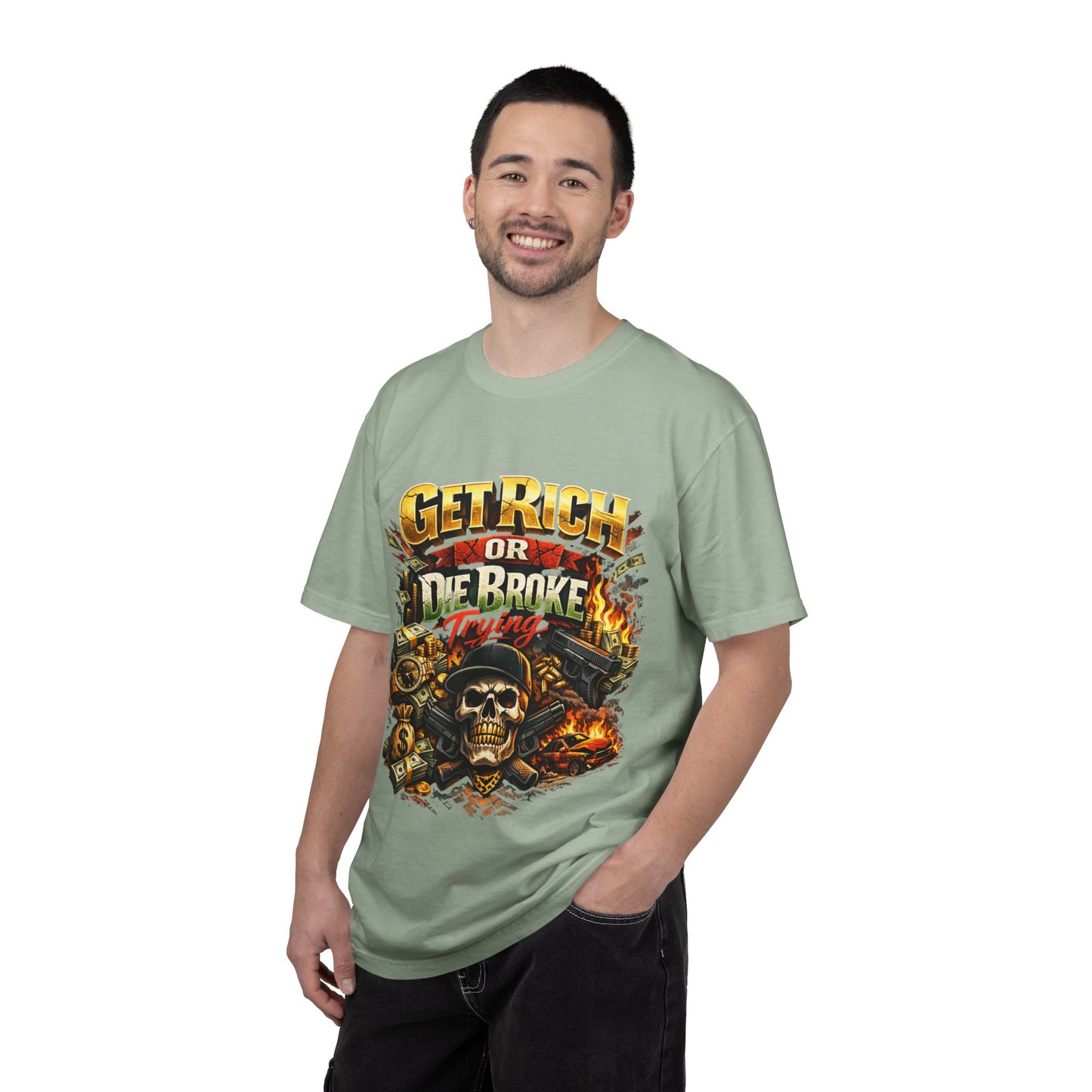 Get Rich or Die Broke Graphic T-Shirt — Skull, Money & Flames Streetwear